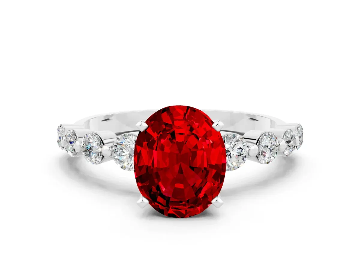 Oval Cut Solitaire Ruby Ring with Pave Band and Four-Prong Setting Silver