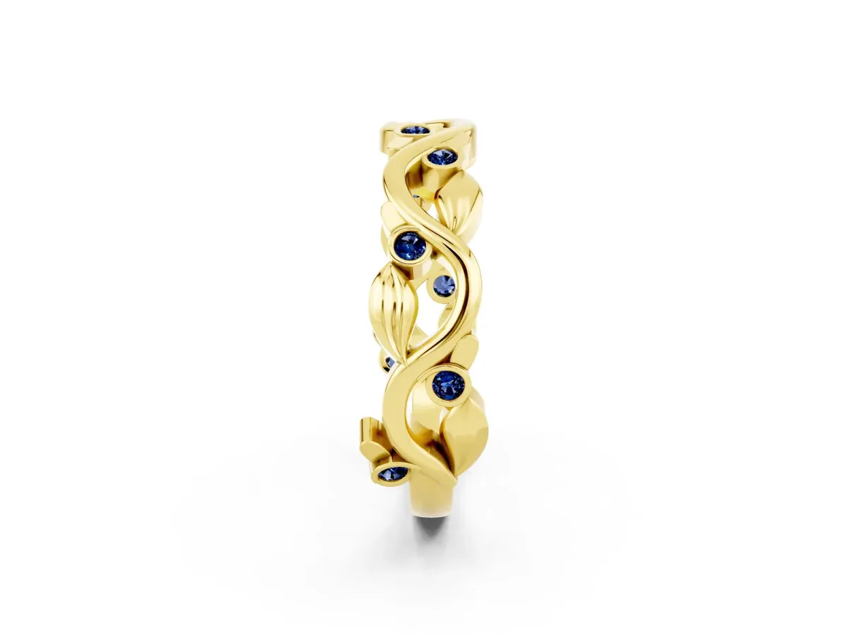 Round Blue Sapphire Leaf Eternity Band with Bezel Setting Yellow gold