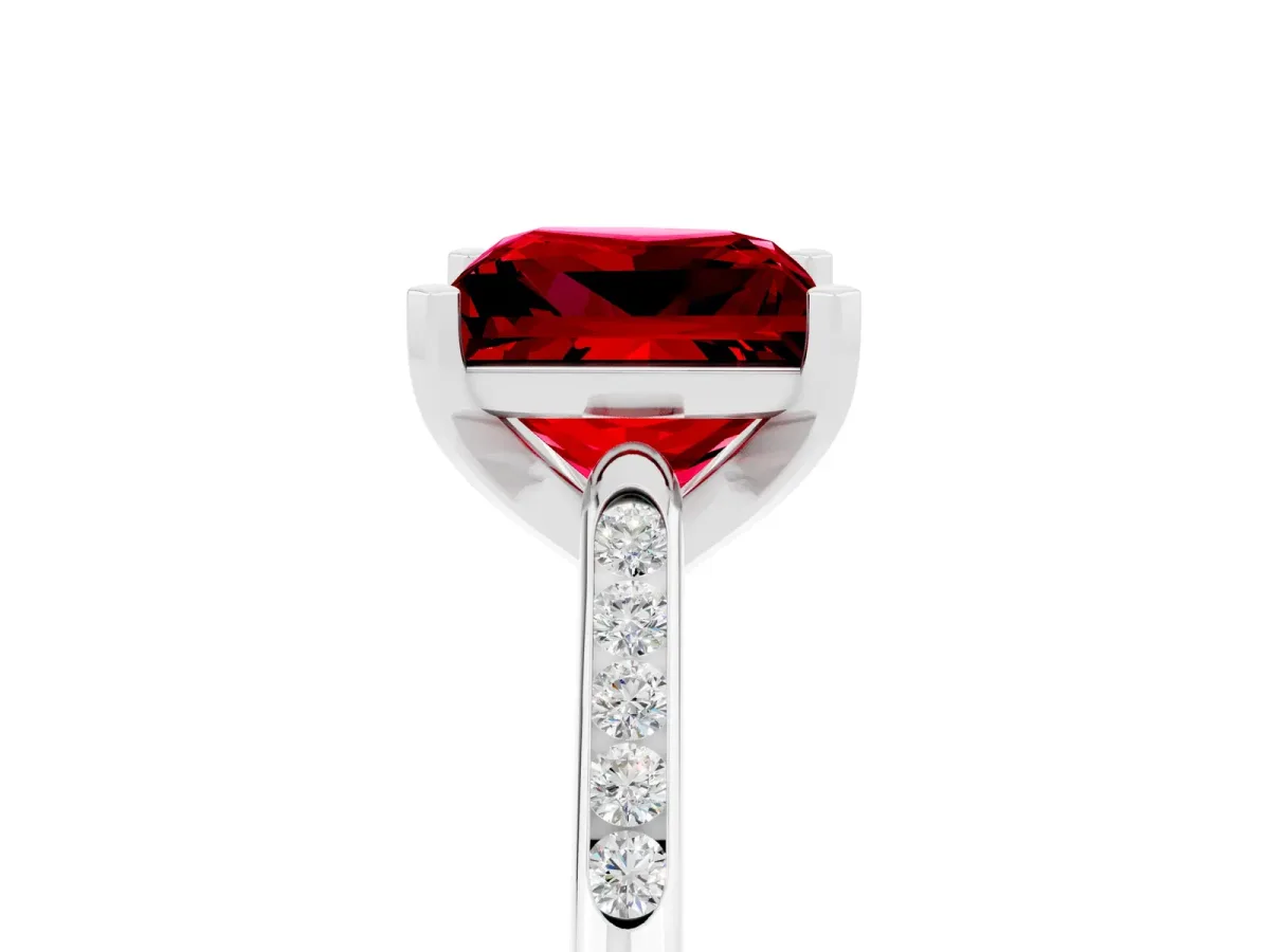 Princess Cut Ruby Solitaire Ring with Channel Set Round Band and Prong Setting White gold