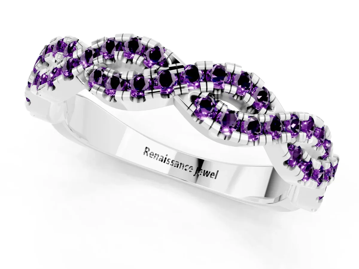 Round Amethyst Twisted Eternity Band with Pavé and Shared Prong Setting Silver