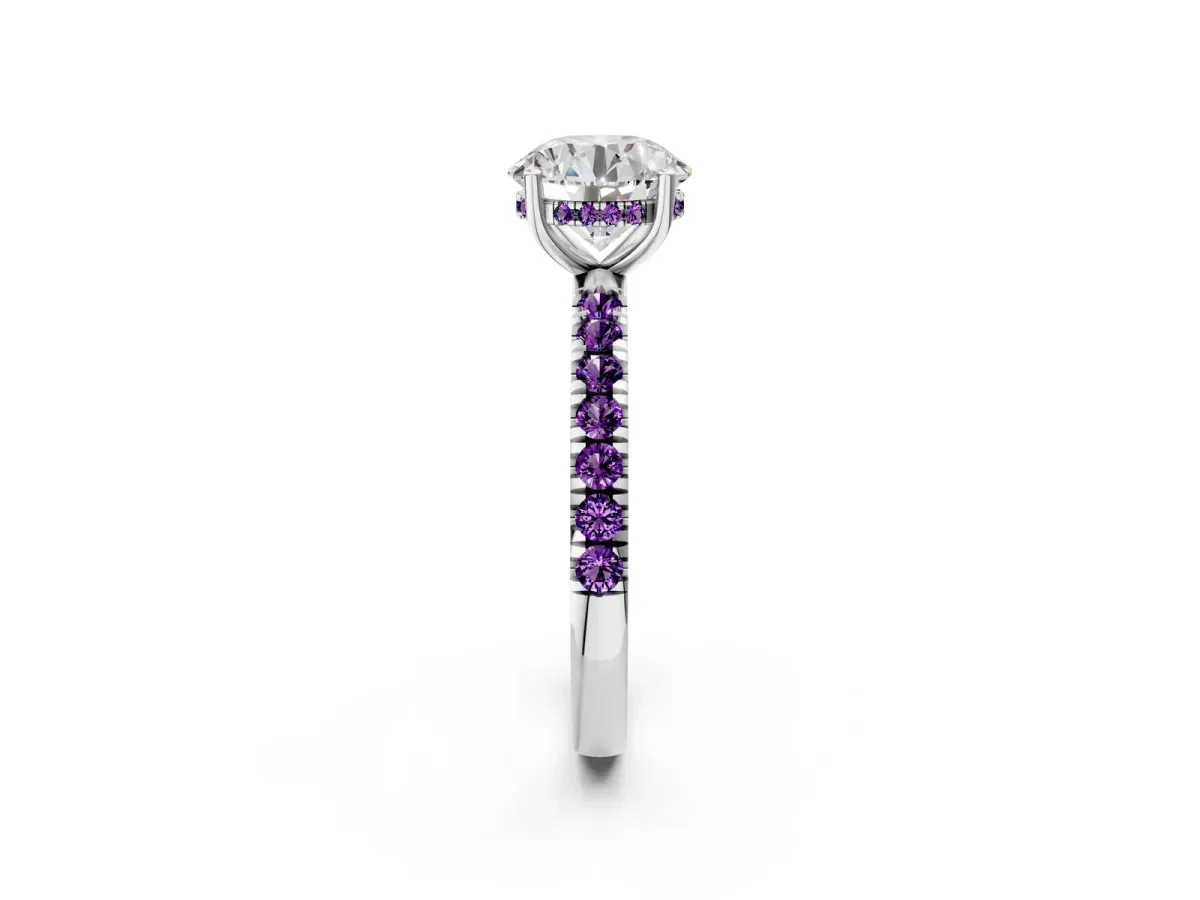 Round Cut Diamond Pave Band Solitaire Ring with Round Amethyst and Prong Setting Silver