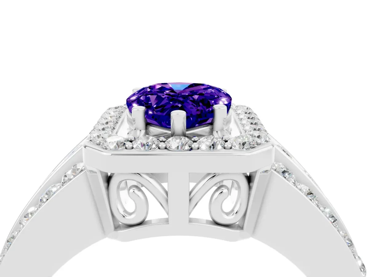 Pear Cut Halo Tanzanite Ring with Round Split Shank and Prong Setting White gold