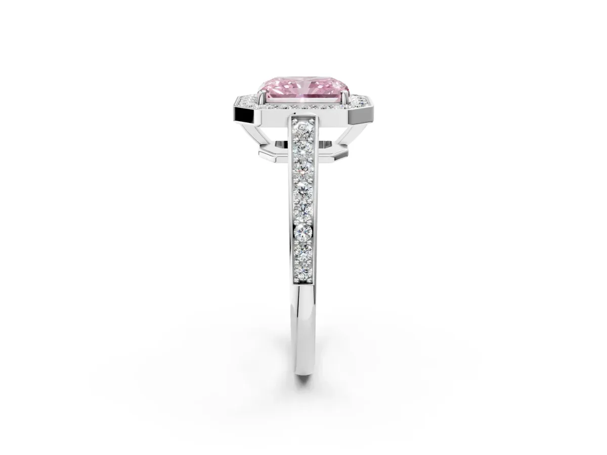 Fancy Pink Radiant Cut Halo Pavé Diamond Engagement Ring with Bezel Setting Silver