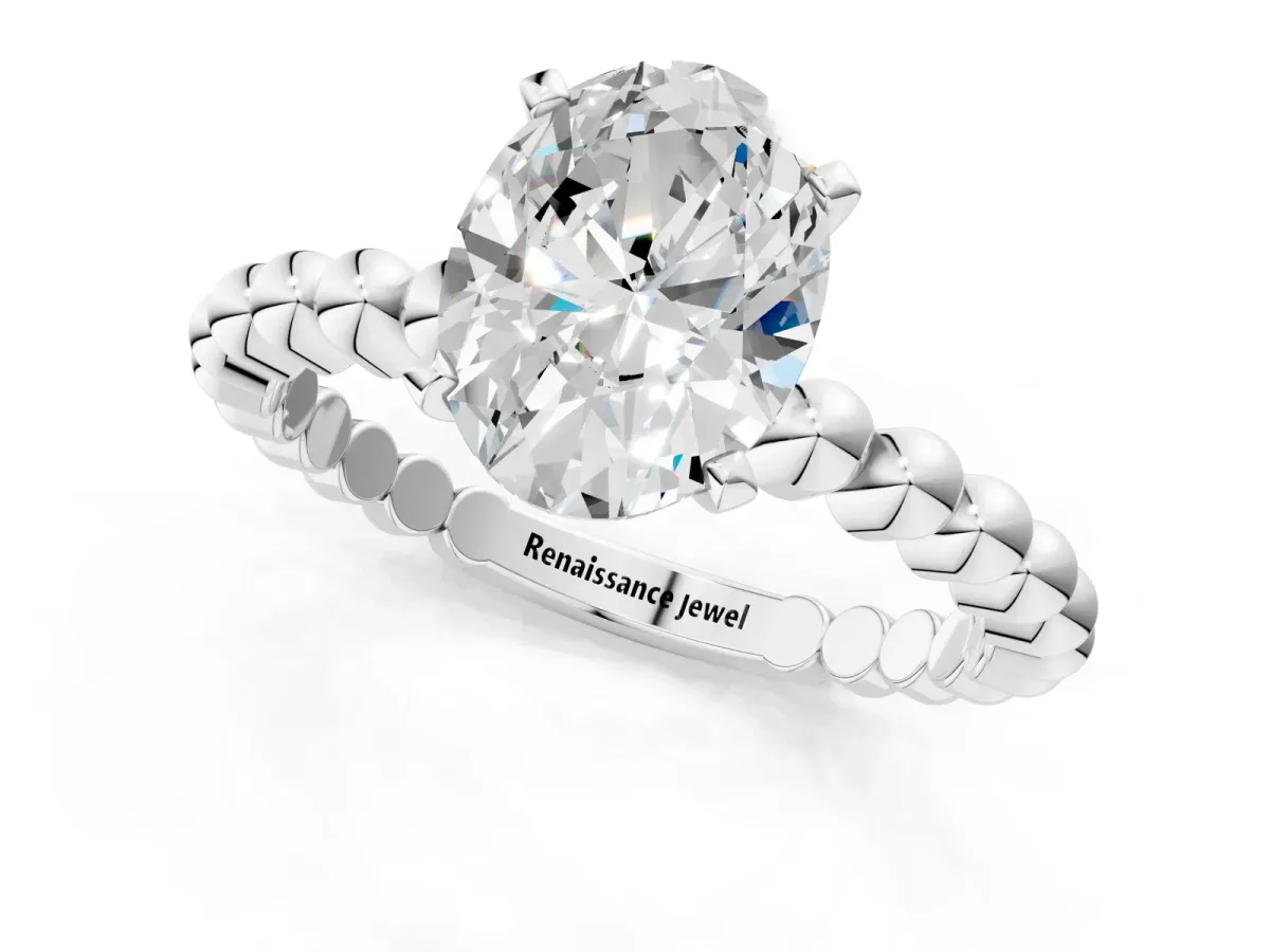 Oval Cut Diamond Solitaire Ring with Beaded Band and Prong Setting Silver