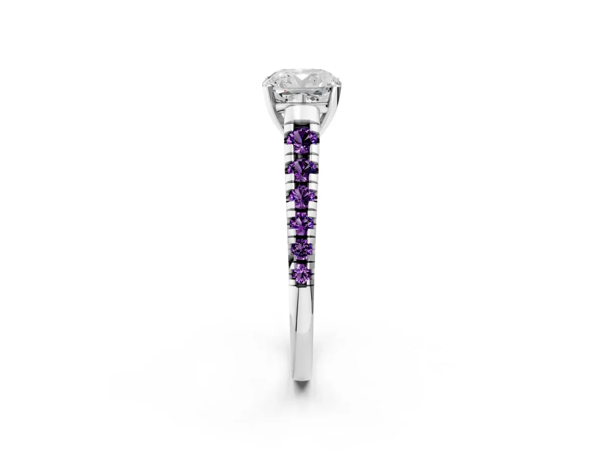 Cushion Cut Diamond Cathedral Solitaire Ring with Round Amethyst Pavé Band Silver