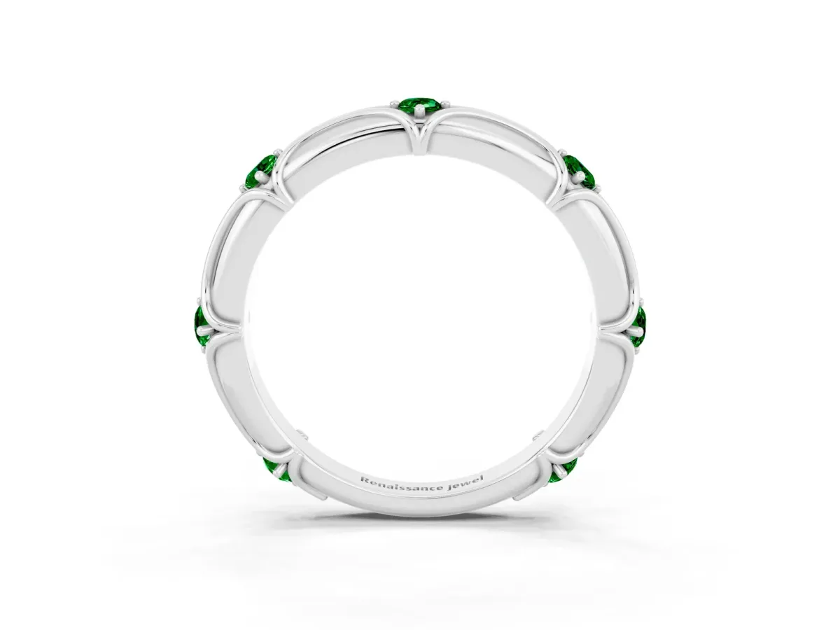 Round Emerald Prong Set Milgrain Eternity Band Platinum