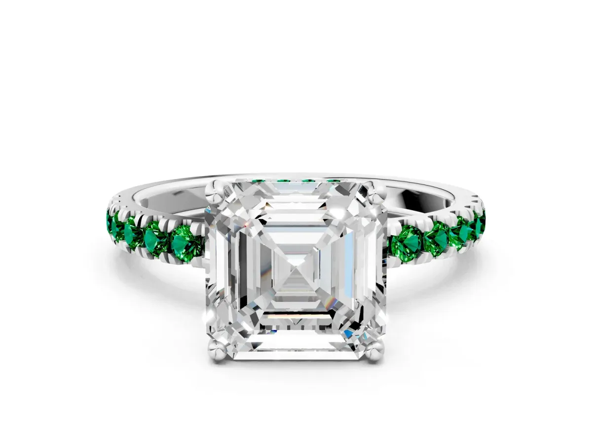 Asscher Cut Diamond Pave Band Solitaire Ring with Round Emerald and Prong Setting Platinum