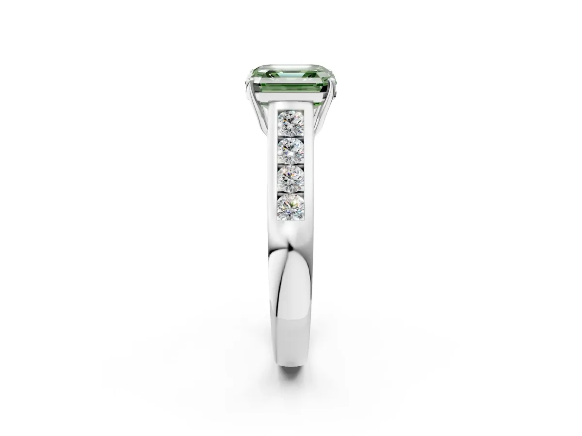 Fancy Green Asscher Cut Solitaire Channel-Set Diamond Engagement Ring with Four-Prong Setting Platinum