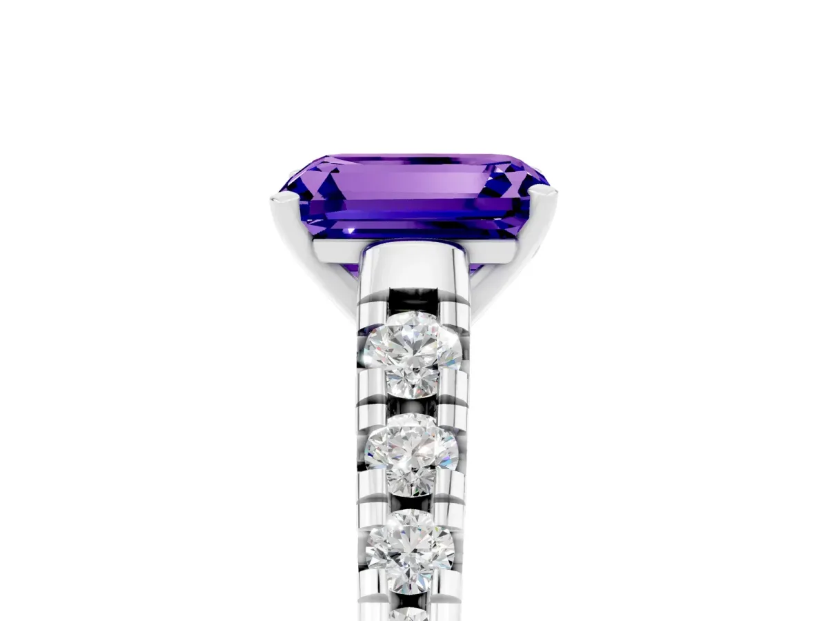 Emerald Cut Tanzanite Cathedral Solitaire Ring with Round Pavé Band Silver