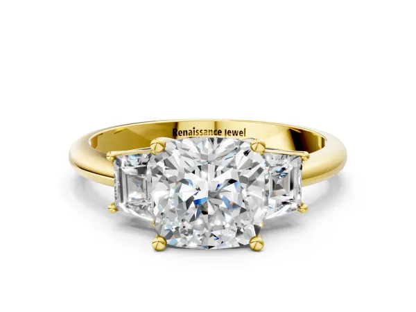 Cushion Cut Diamond Three-Stone Ring with Trapezoid Side Stones and Prong Setting Yellow gold