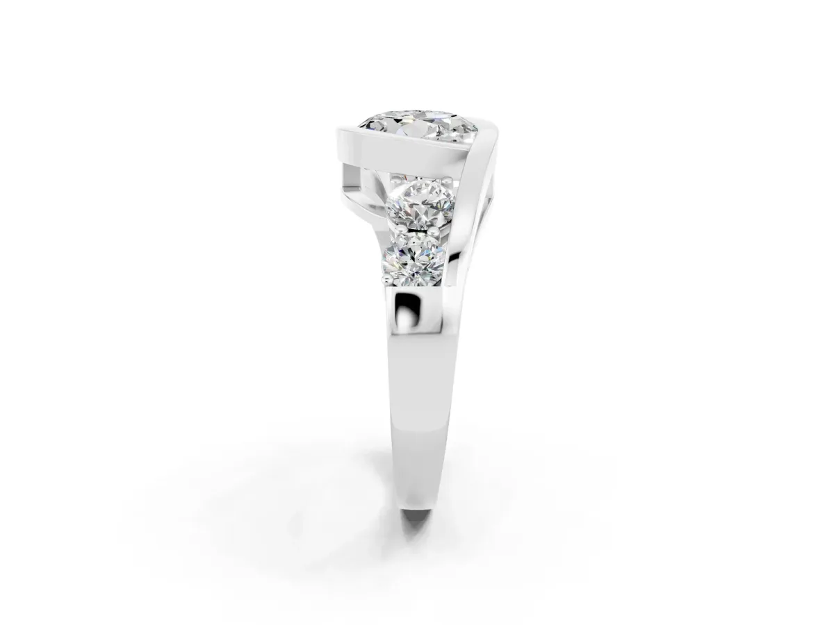 Bezel Set Round Cut Moissanite Bypass Ring with Round Accents Silver