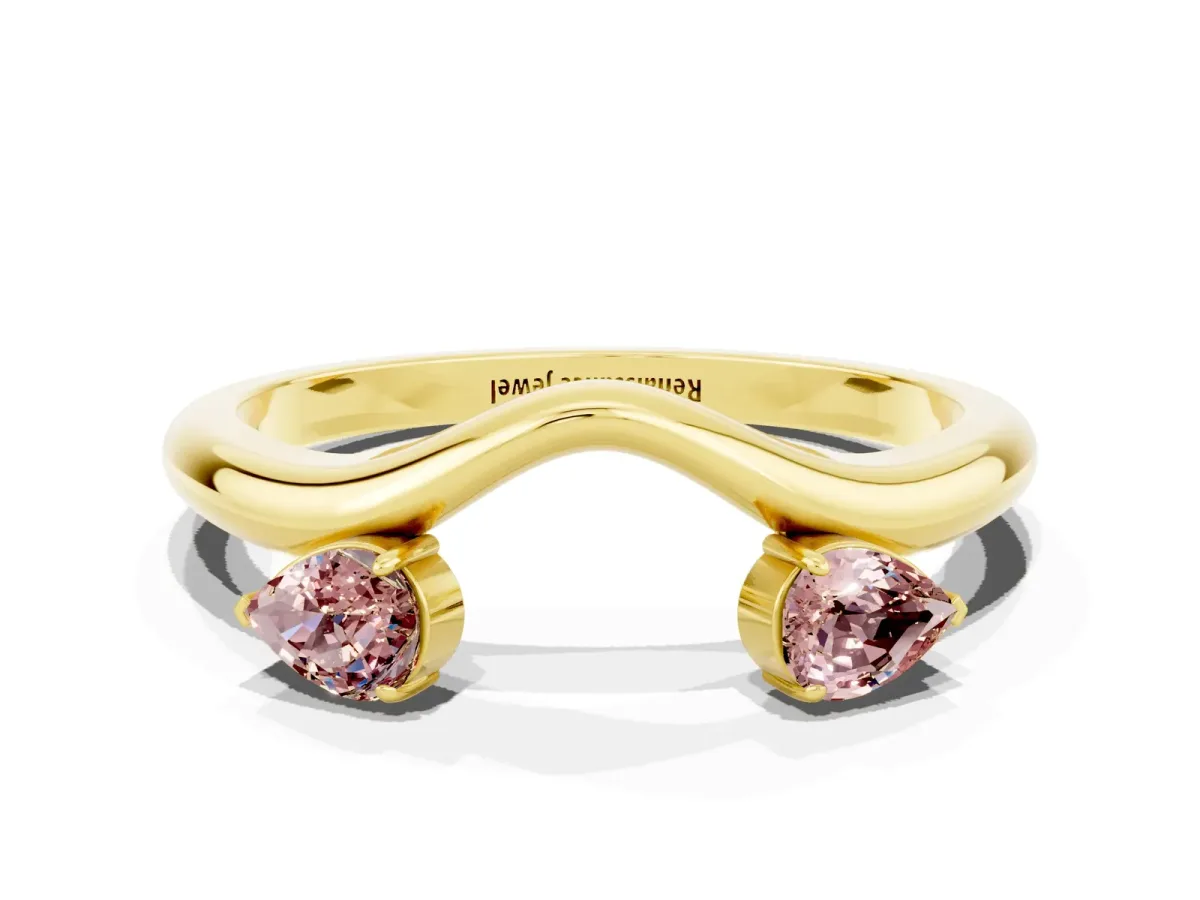 Pear Cut Morganite Two-Stone Open Band Ring with Prong Setting Yellow gold