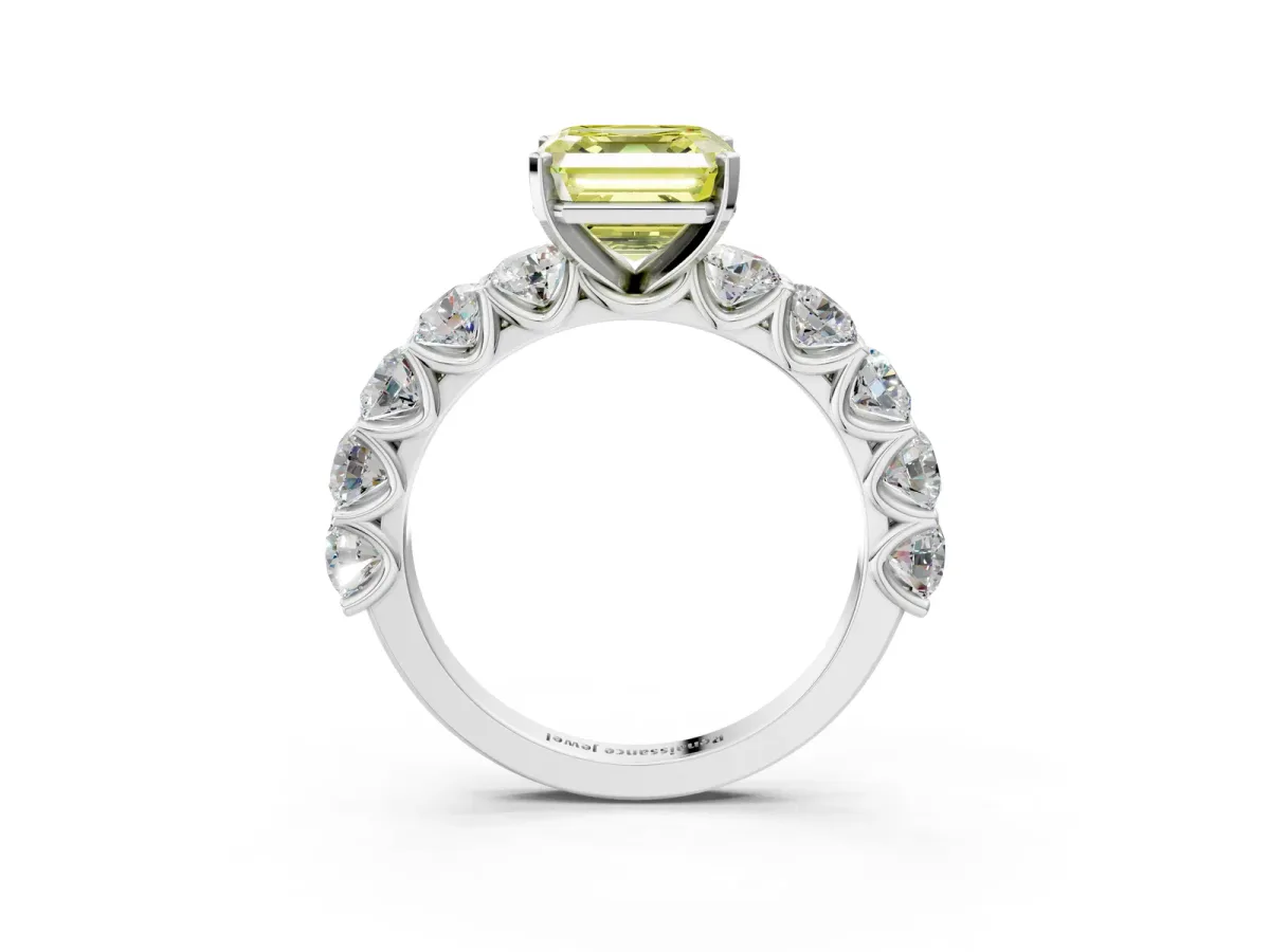 Fancy Yellow Asscher Cut Diamond Prong Setting with Side Stones on a Pave Band Silver