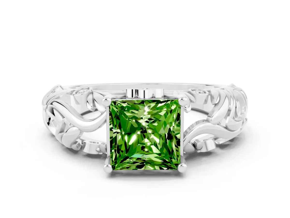Princess Cut Solitaire Peridot Leaf-Inspired Vine Band Ring with Prong Setting White gold