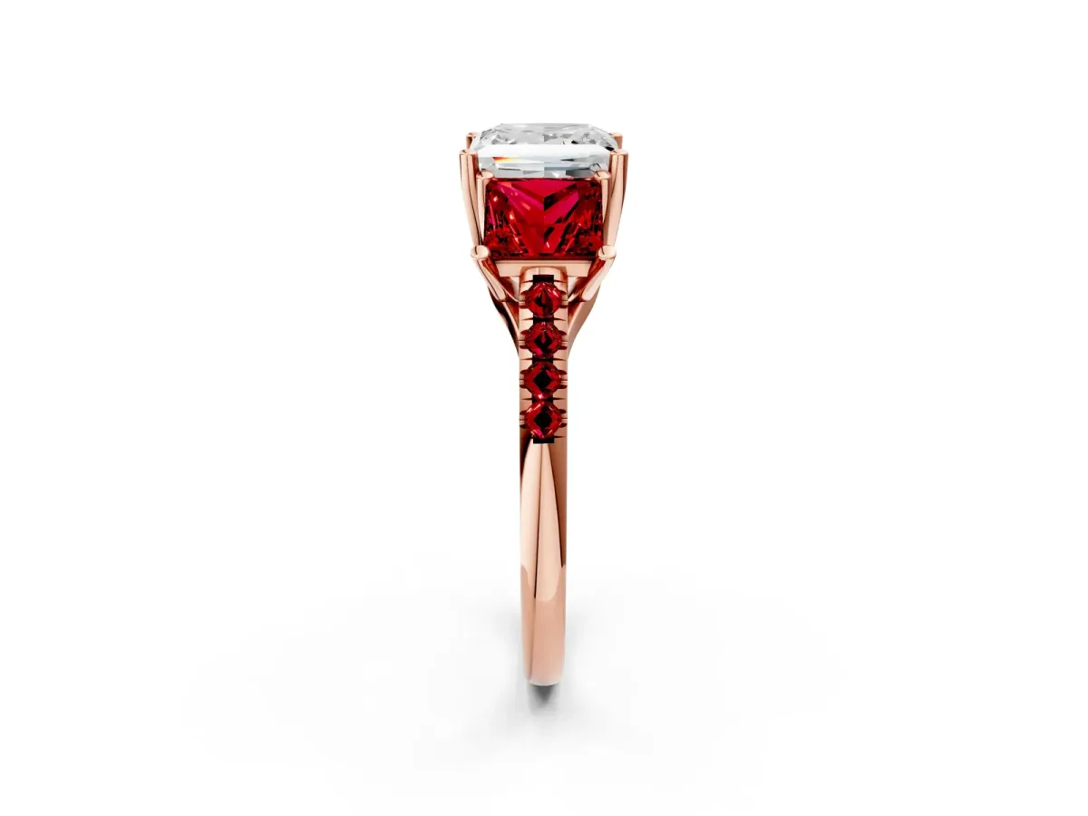 Three-Stone Princess Cut Diamond Ring with Round Ruby Pavé Band and Prong Setting Rose gold
