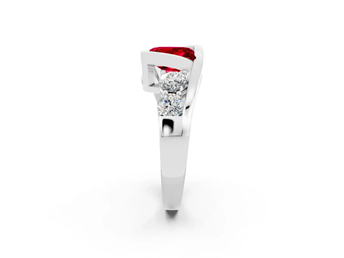 Bezel Set Princess Cut Ruby Bypass Ring with Round Accents Silver