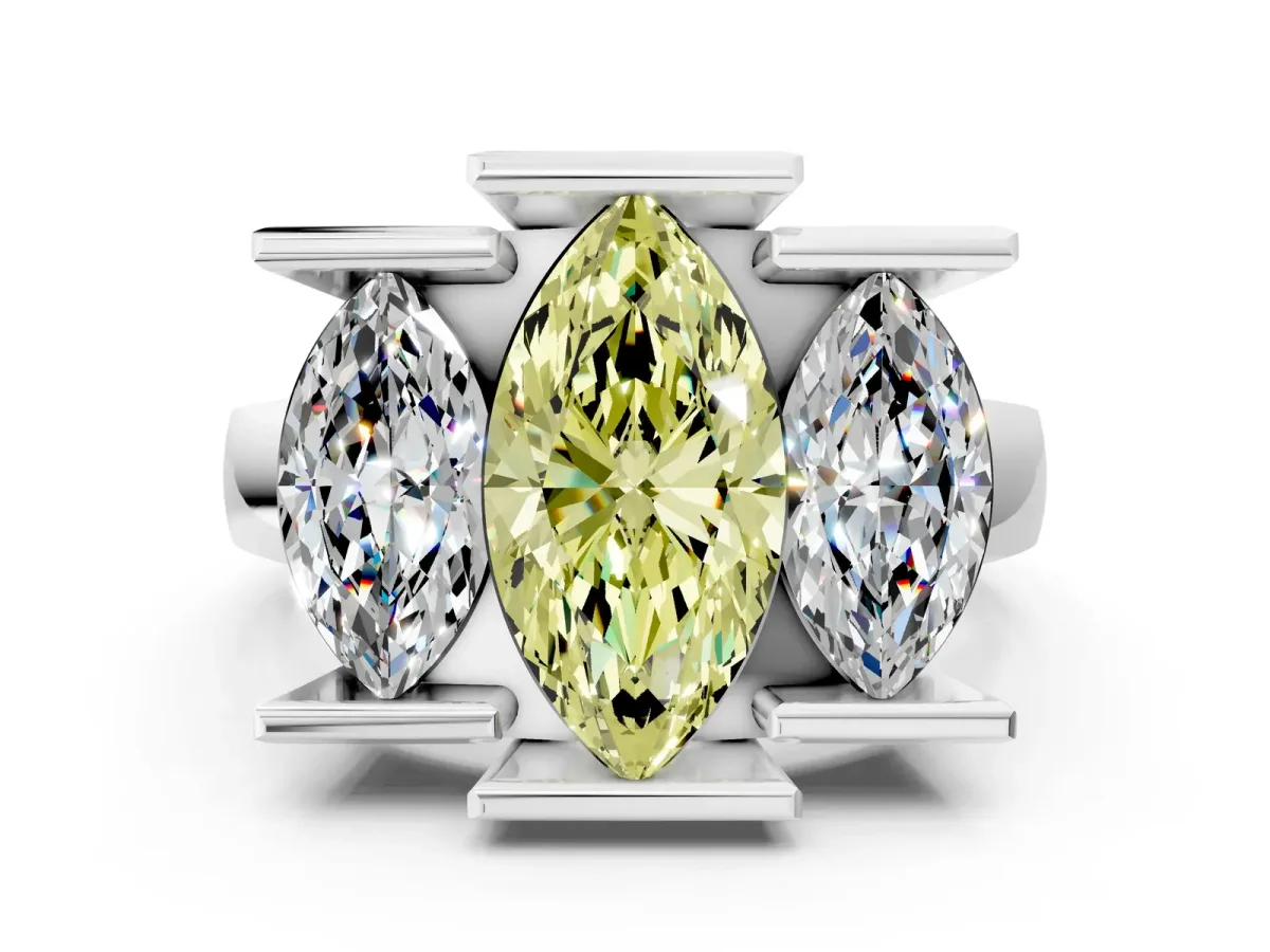 Fancy Yellow Three Stone Marquise Cut Cut Channel Set Diamond Ring Silver