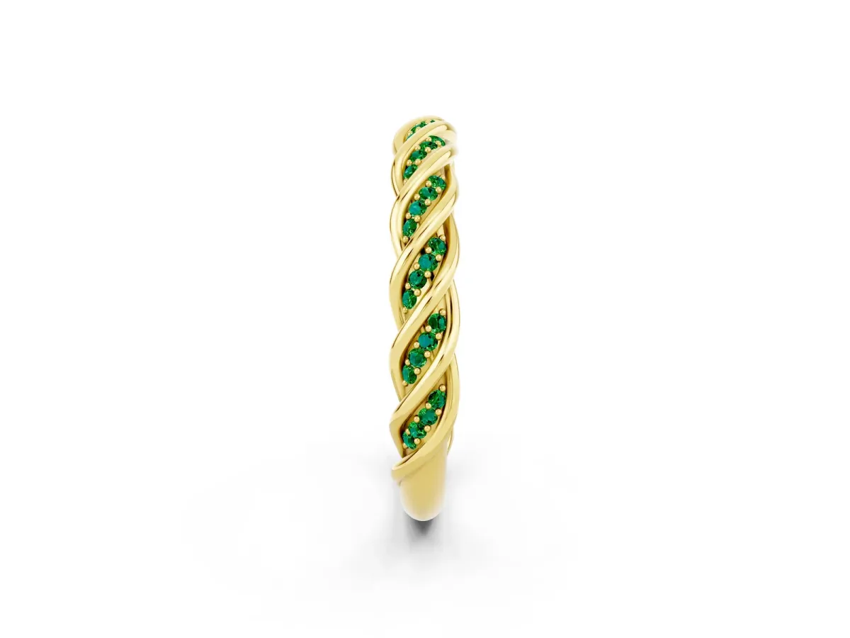 Twisted Pavé Round Emerald Eternity Band with Shared Prong Setting Yellow gold