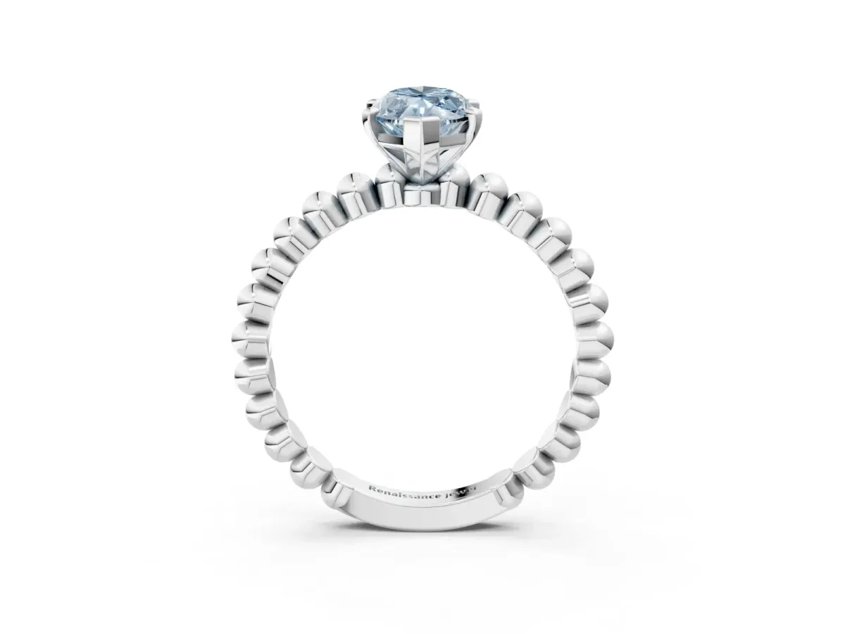 Fancy Blue Marquise Cut Diamond Solitaire Ring with Beaded Band and Prong Setting Silver