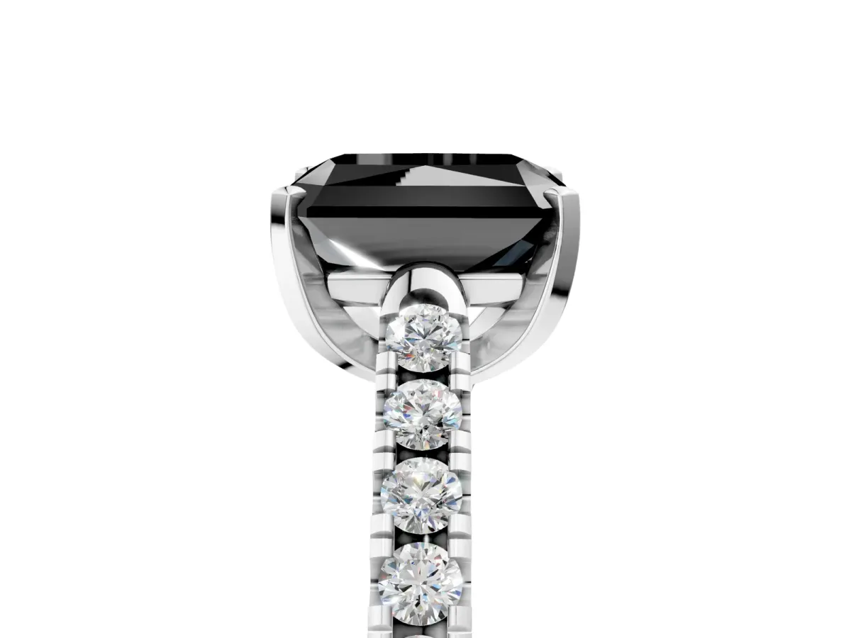Fancy Black Radiant Cut Diamond Pavé Band Solitaire Ring with Prong Setting Platinum
