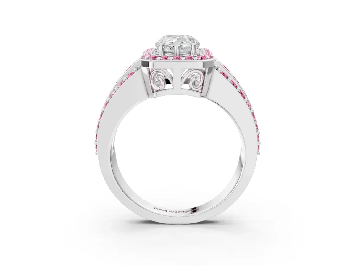 Pear Cut Halo Diamond Ring with Round Pink Sapphire Split Shank and Prong Setting Silver