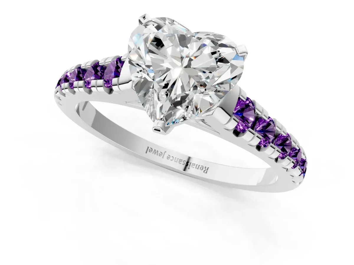 Heart Cut Diamond Cathedral Solitaire Ring with Round Amethyst Pavé Band Silver