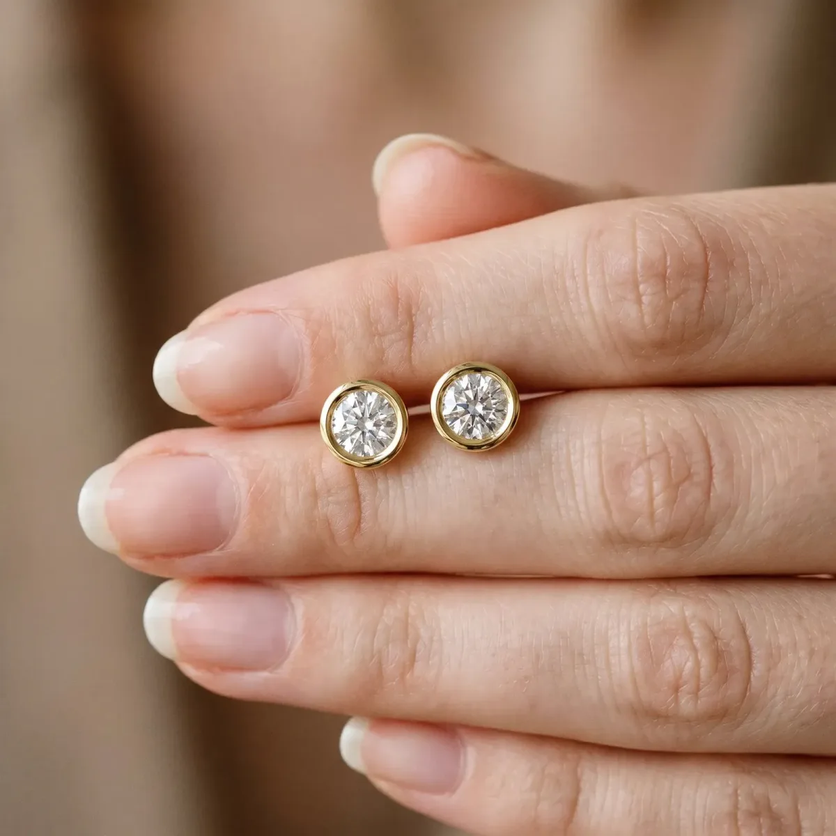Bezel Set Round Diamond Stud Earrings Yellow gold
