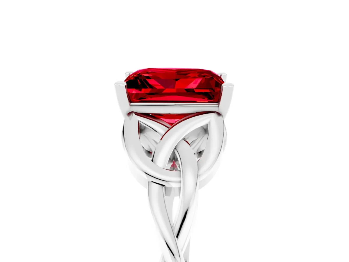 Princess Cut Ruby Solitaire Engagement Ring with Celtic Knot Band and Four-Prong Setting White gold