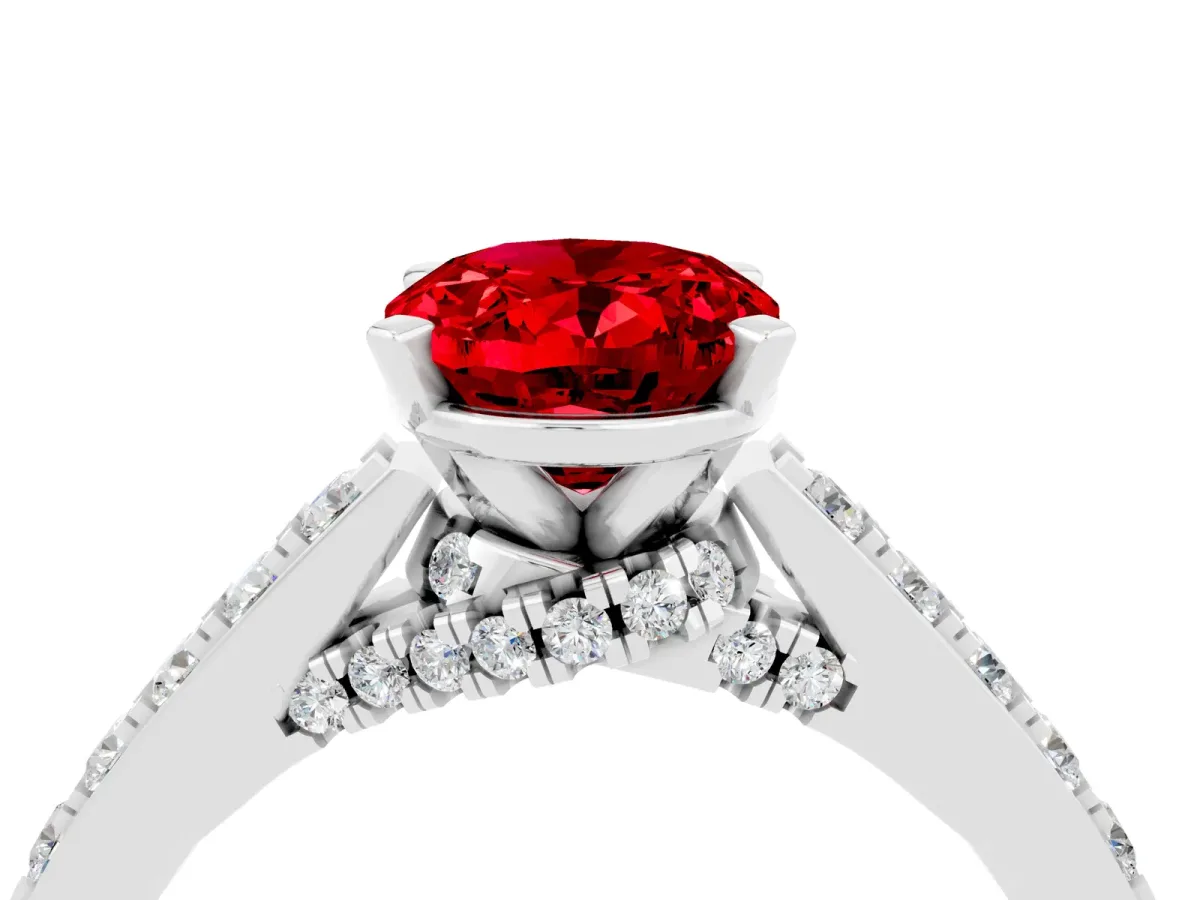 Oval Cut Ruby Solitaire Ring with Crossover Gallery and Round Pavé Band Silver