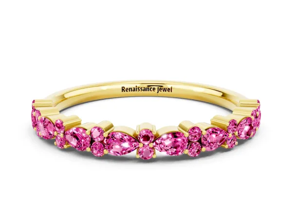 Pear and Round Pink Sapphire Wedding Band Yellow gold