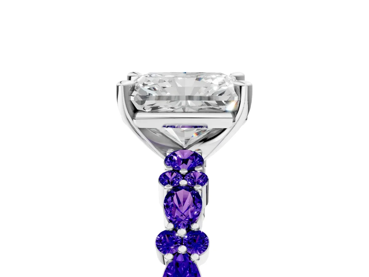 Radiant Cut Diamond Side Stone Solitaire Ring with Round Tanzanite and Four-Prong Setting Silver