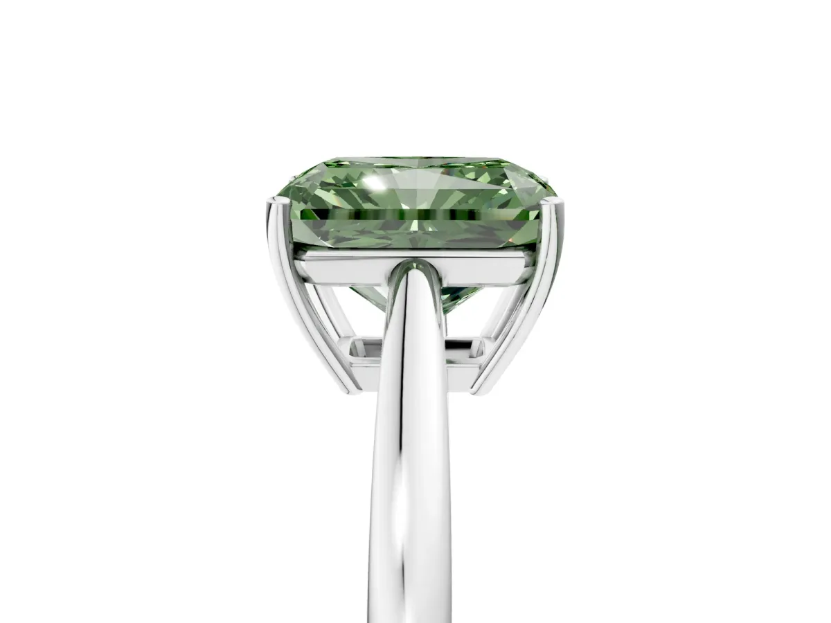 Fancy Green Radiant Cut Solitaire Diamond Ring with Split Shank and Four-Prong Setting Platinum