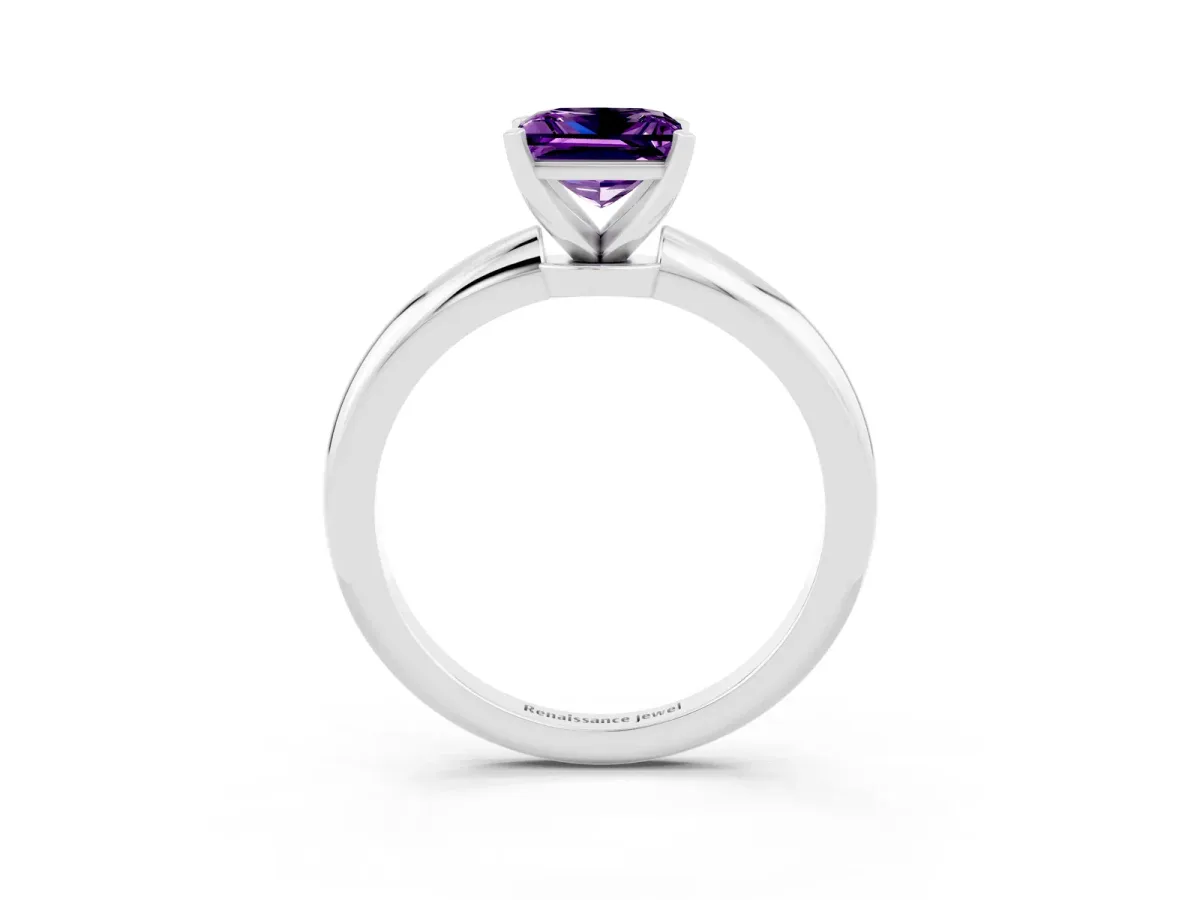 Princess Cut Amethyst Solitaire Ring with Six-Prong Setting and Classic Band Silver
