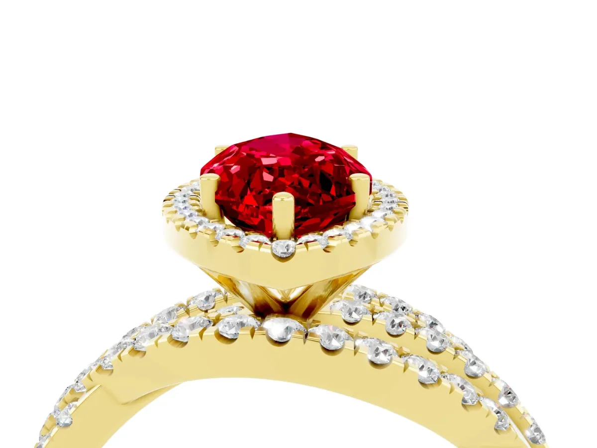 Marquise Cut Ruby Halo Ring with Round Split Shank and Prong Setting Yellow gold