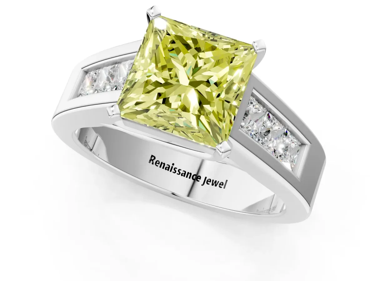 Fancy Yellow Princess Cut Cut Channel Set Solitaire Ring with Four-Prong Setting Silver