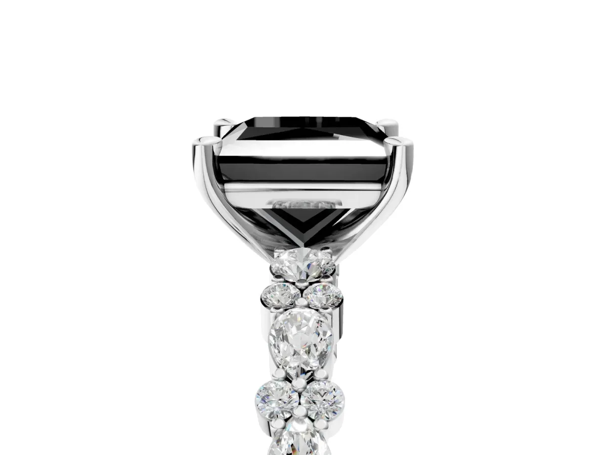 Fancy Black Princess Cut Diamond Side Stone Solitaire Ring with Round and Four-Prong Setting White gold