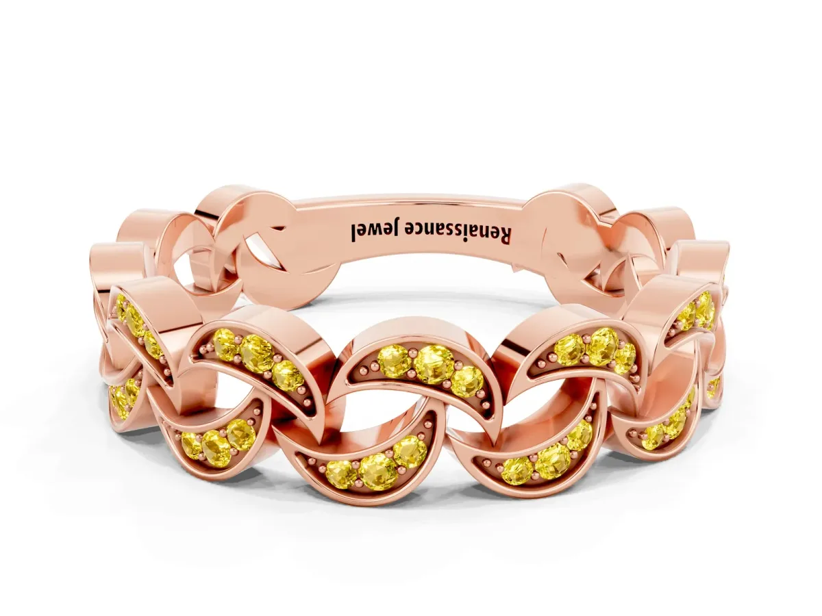 Pavé Round Yellow Sapphire Interlocking Eternity Band with Bezel Prong Setting Rose gold