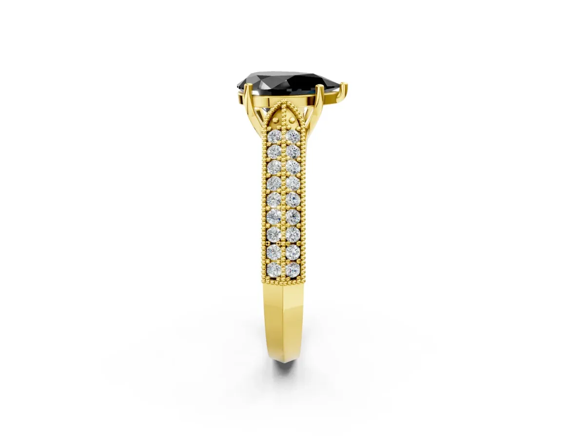 Fancy Black Pear Cut Cut Pave Split Shank Engagement Ring with Four-Prong Setting Yellow gold