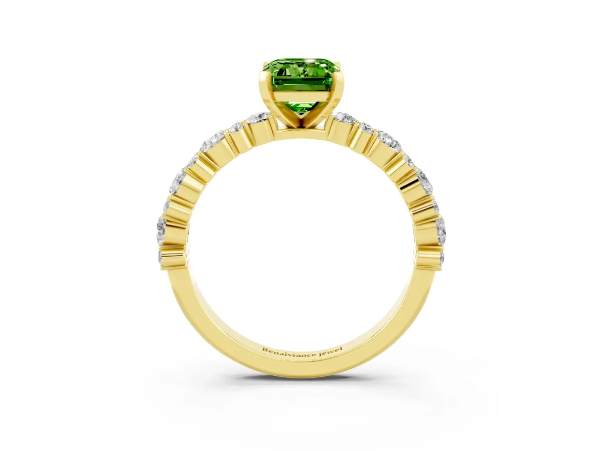 Emerald Cut Peridot Side Stone Solitaire Ring with Round and Four-Prong Setting Yellow gold