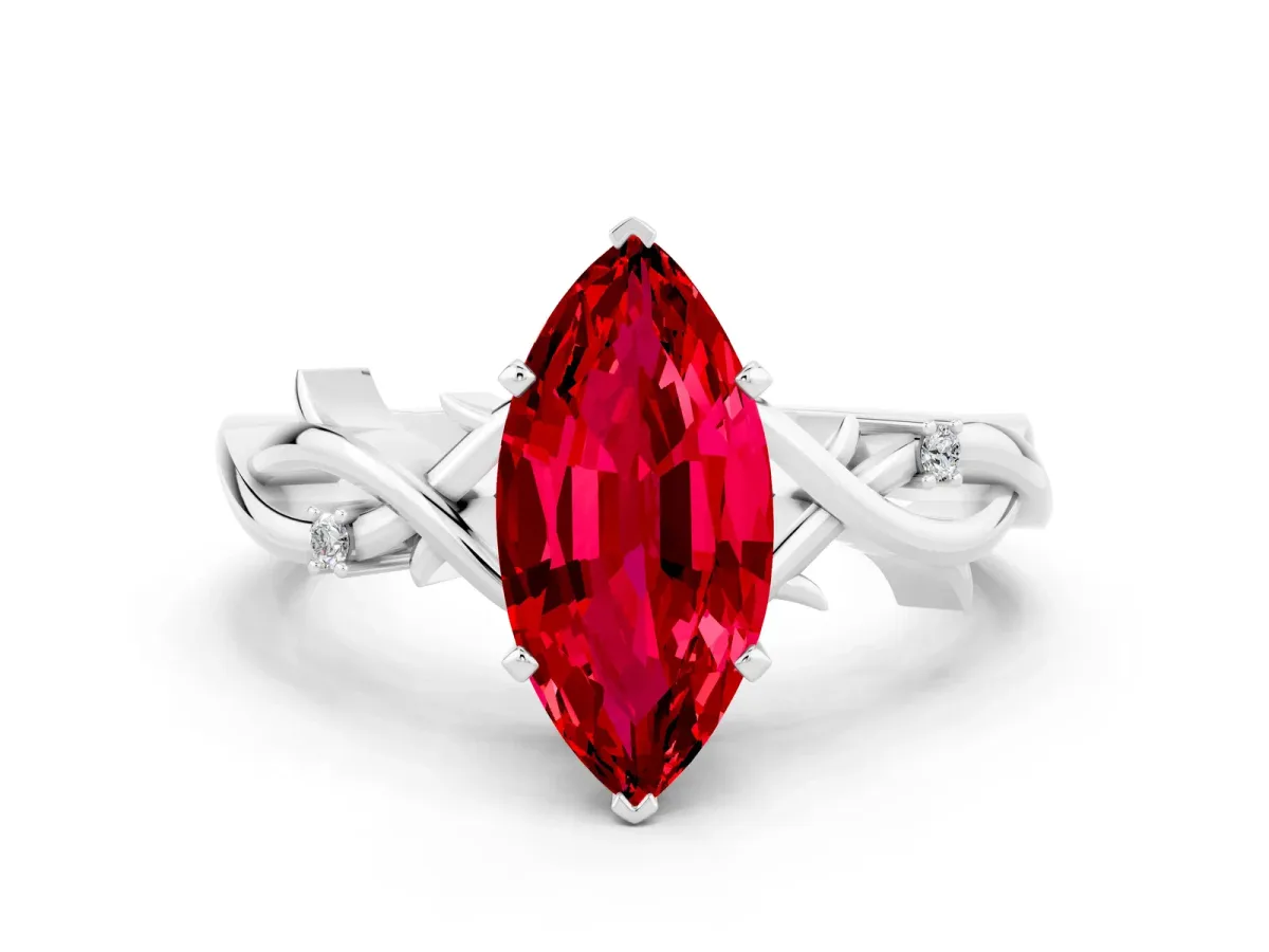 Marquise Cut Ruby Solitaire Ring with Milgrain Pavé Band and Four-Prong Setting Silver