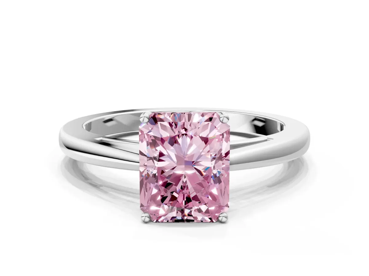 Fancy Pink Radiant Cut Solitaire Diamond Ring with Split Shank and Four-Prong Setting Platinum