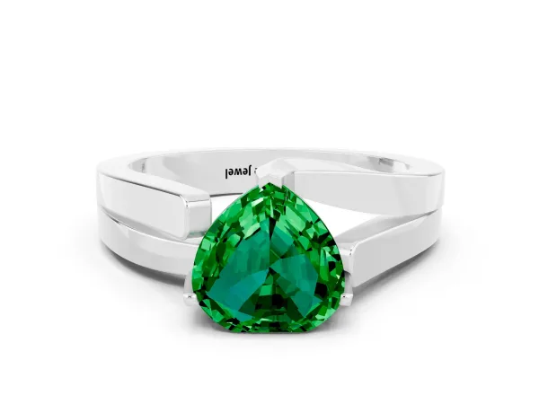 Modern Tension Set Heart Cut Emerald Solitaire Wide Band Ring Silver