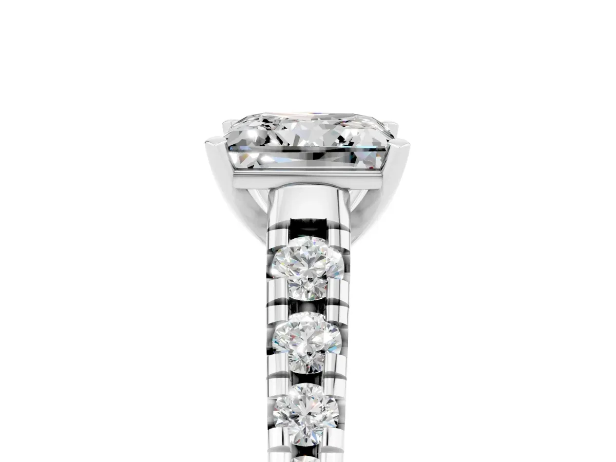 Princess Cut Moissanite Cathedral Solitaire Ring with Round Pavé Band Silver