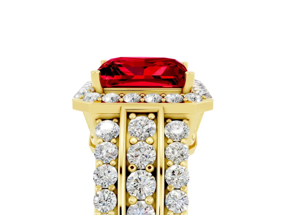 Princess Cut Halo Ruby Ring with Round Split Shank and Prong Setting Yellow gold