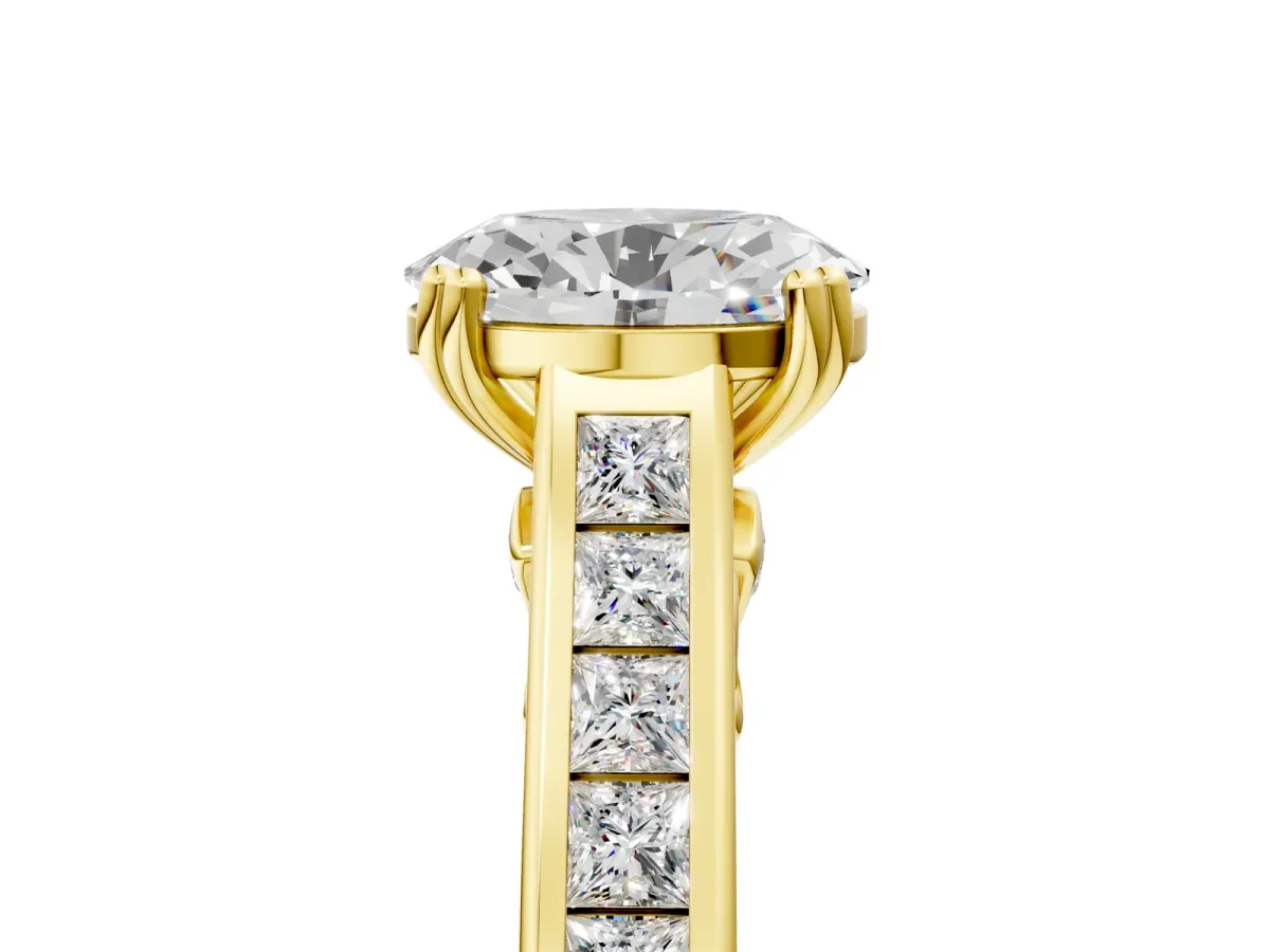 Oval Cut Cut Channel Set Solitaire Engagement Ring with Prong Setting Yellow gold