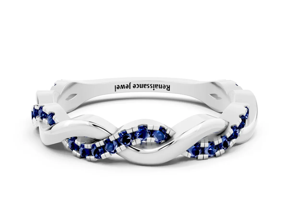 Round Blue Sapphire Twist Eternity Band with Pavé Setting Silver