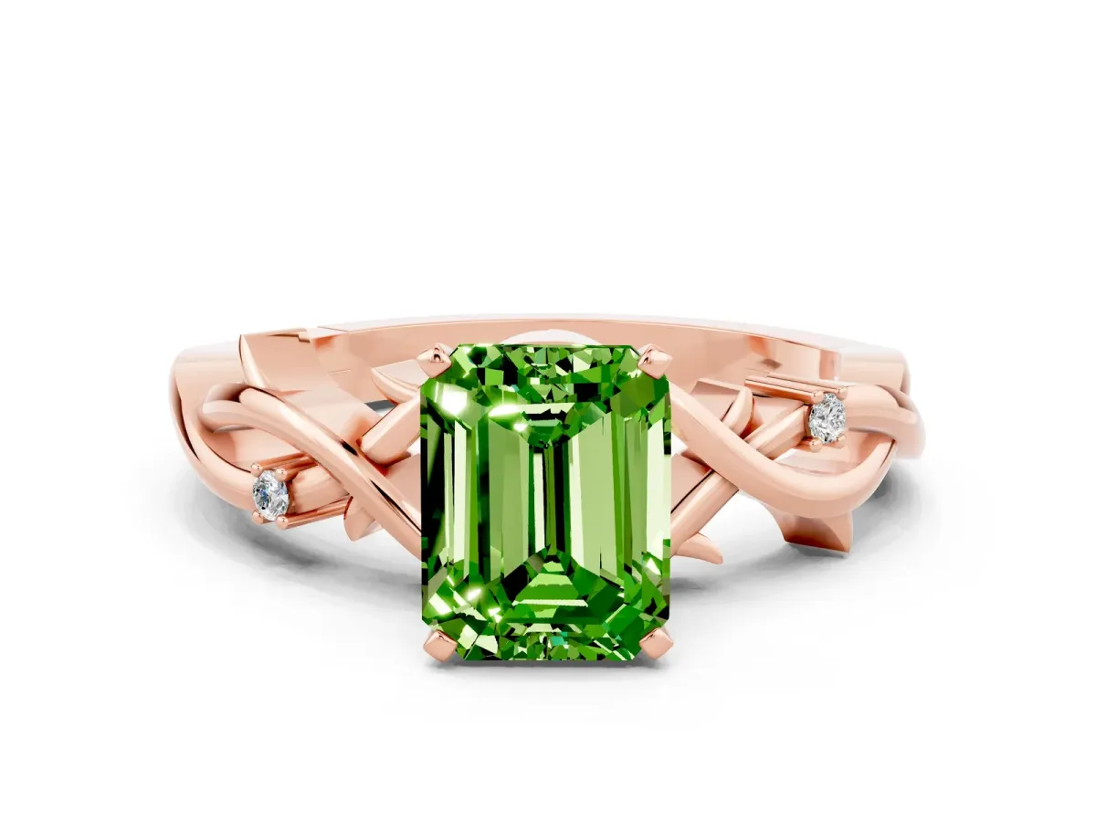 Emerald Cut Peridot Solitaire Ring with Twisted Band and Prong Setting Rose gold