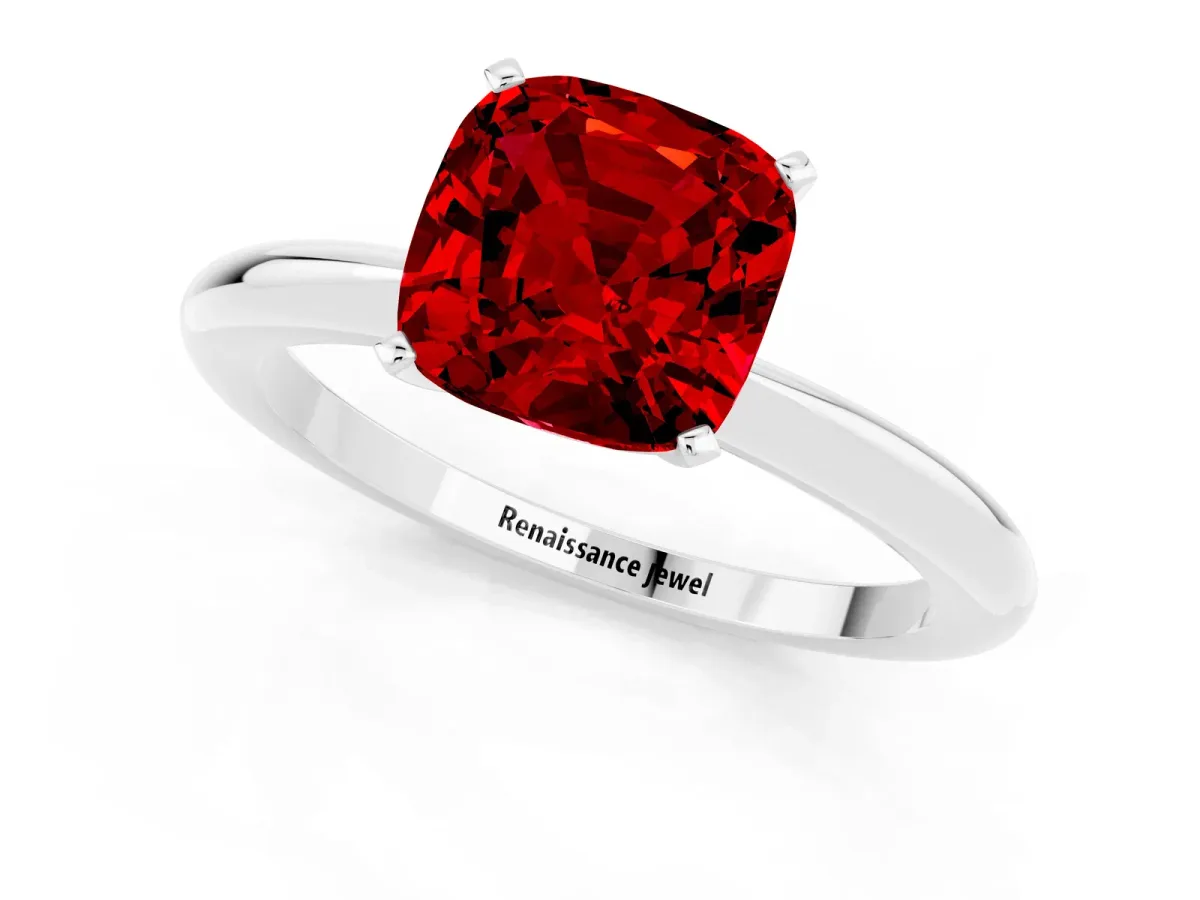 Cushion Cut Ruby Solitaire Ring with Six-Prong Setting and Classic Band Silver