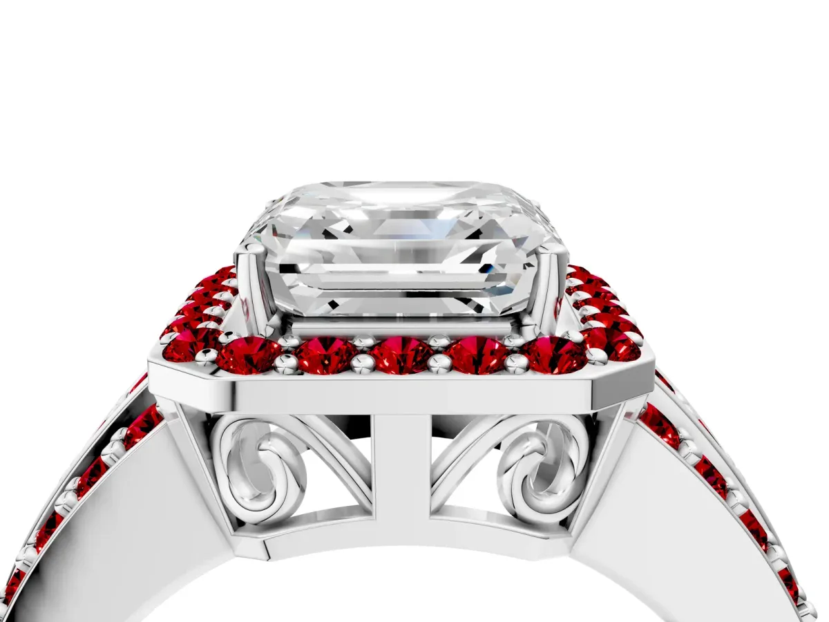 Asscher Cut Halo Diamond Ring with Round Ruby Split Shank and Prong Setting Platinum