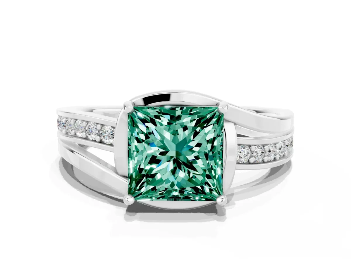 Princess Cut Green Sapphire Solitaire Ring with Split Shank and Prong Setting Platinum
